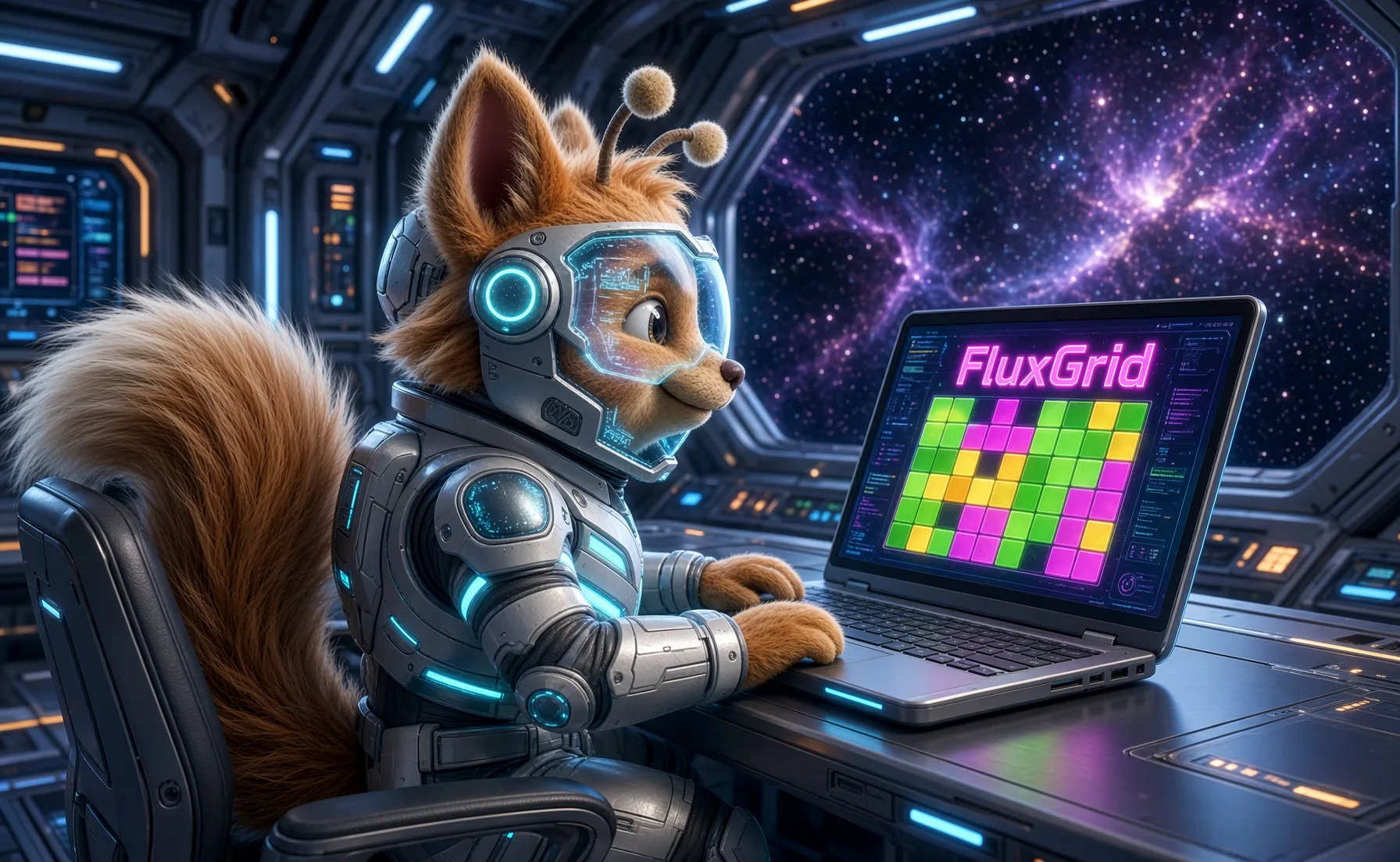 Cy-Fur at a starship workstation with FluxGrid on his laptop