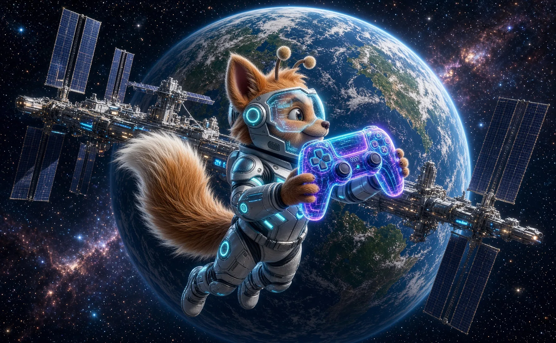 The Cy-Fur Space Adventurer floating in orbit holding a glowing game controller