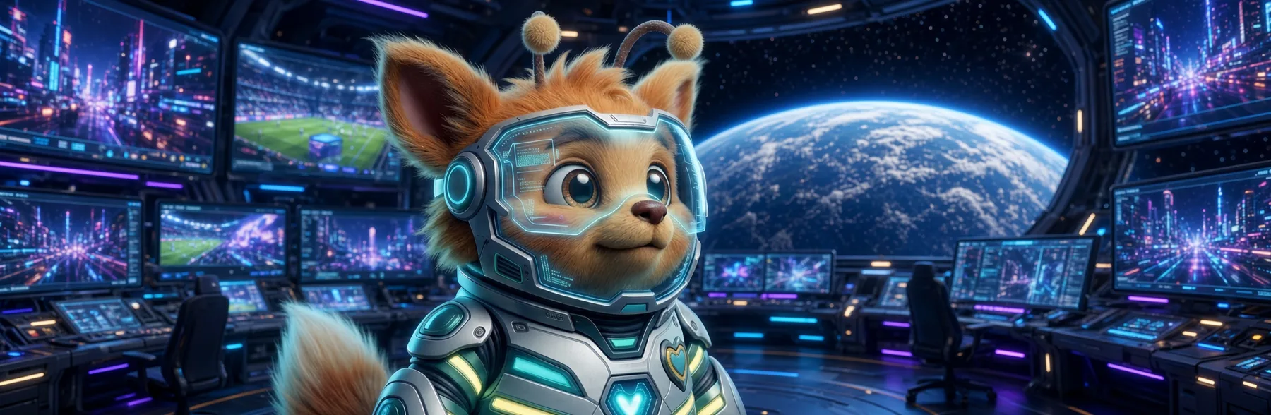 Cy-Fur in a starship control room with Earth behind him